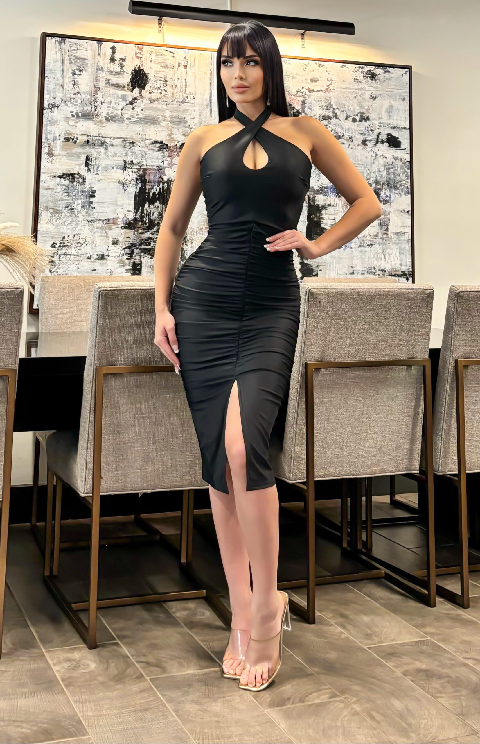 criss cross tie back plunging neck bodycon dress
