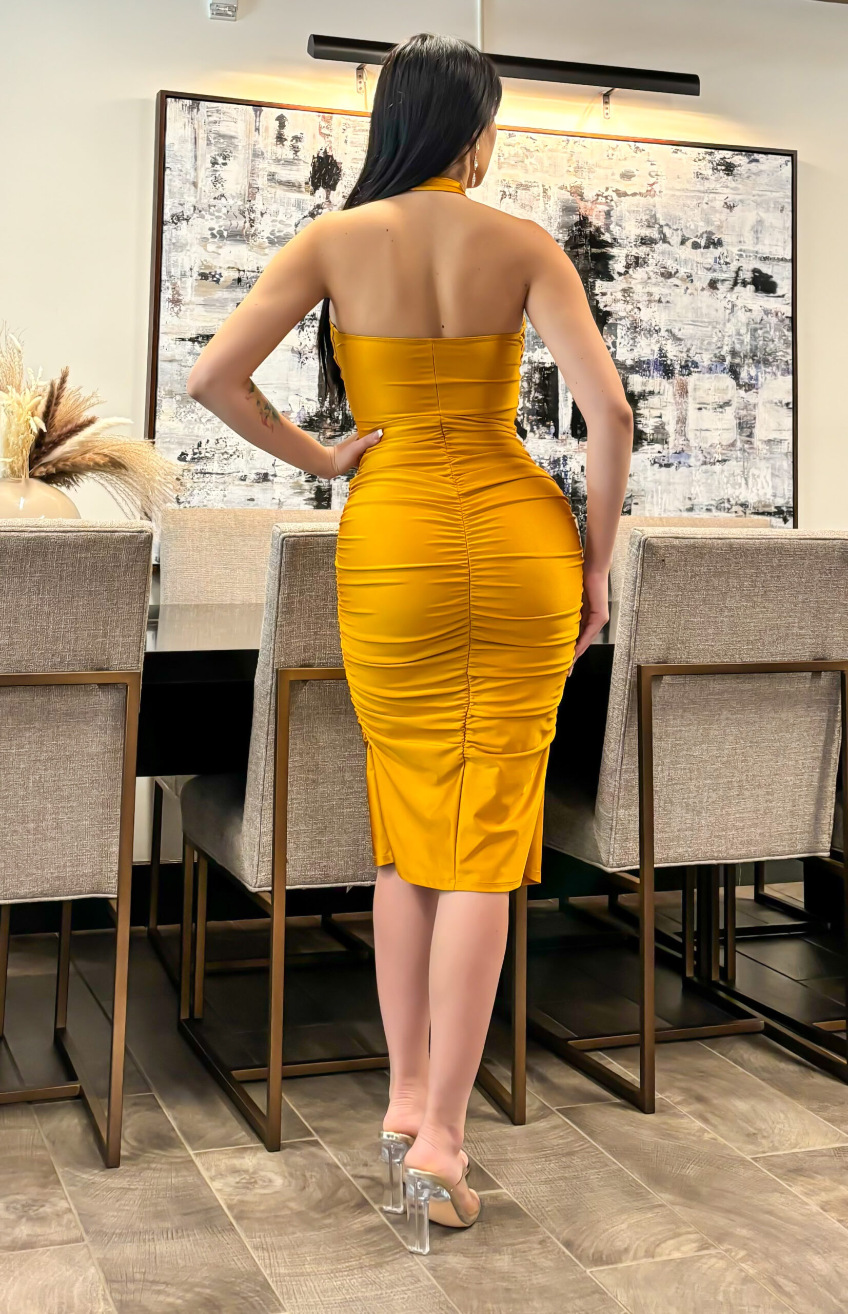 criss cross tie back plunging neck bodycon dress